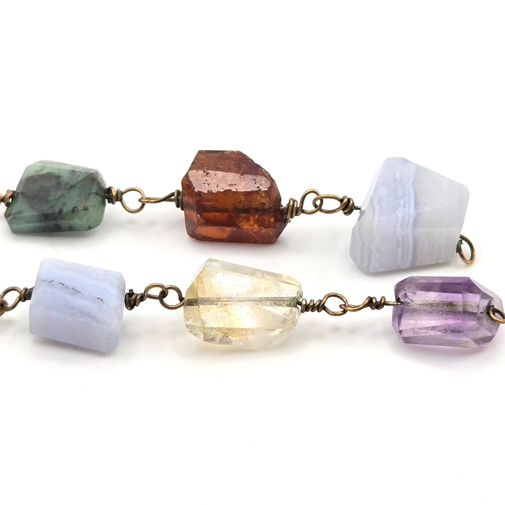 Raw Gemstone Dangle Hoop Earrings Amethyst Quartz Agate Gold Tone Mismatched - Picture 3 of 4